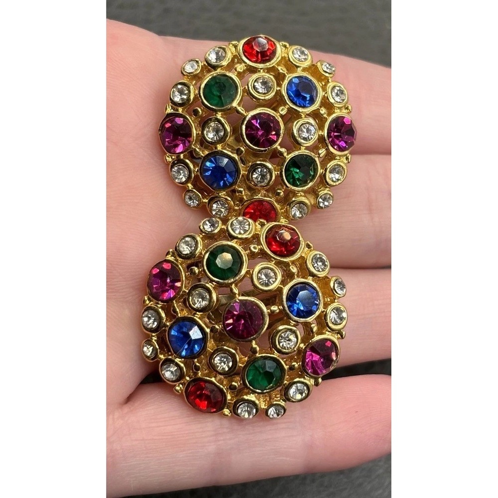 Vintage 80s Runway Faux Jewel Tone Rhinestone Cluster Clip On Earrings Gold Tone